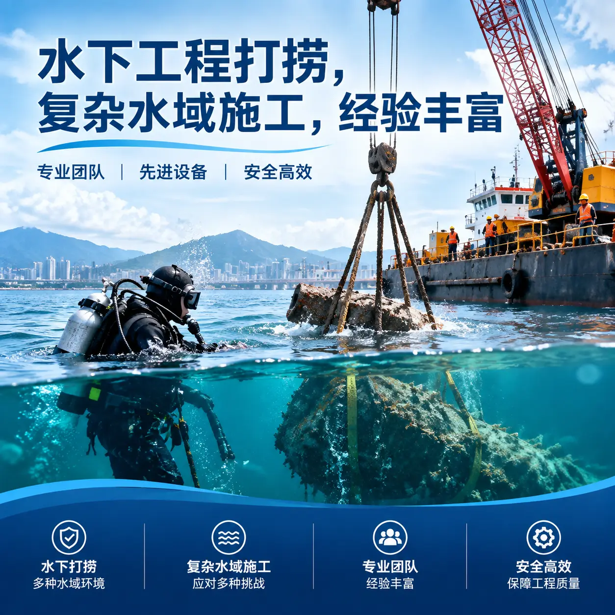 水下工程打捞，复杂水域施工，经验丰富崇阳